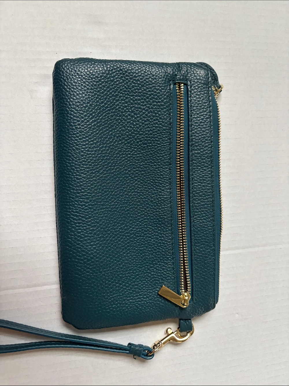Teal Pebbled Leather Wristlet Clutch with Gold Hardware